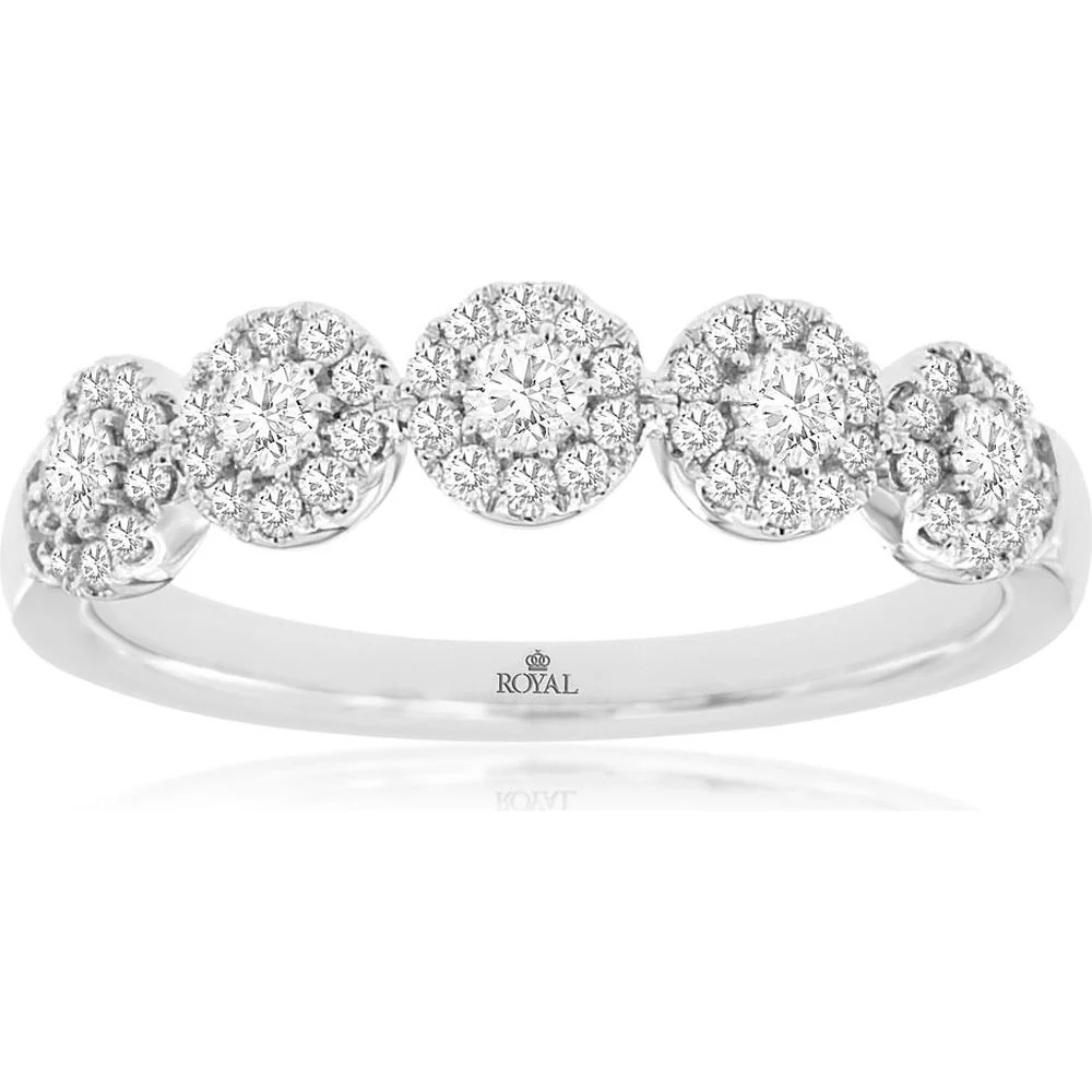 14K White Gold Diamond Wedding Band with Round Halo Diamond Stations - 0.50 Carat Total Diamond Weight - Royal Jewelry