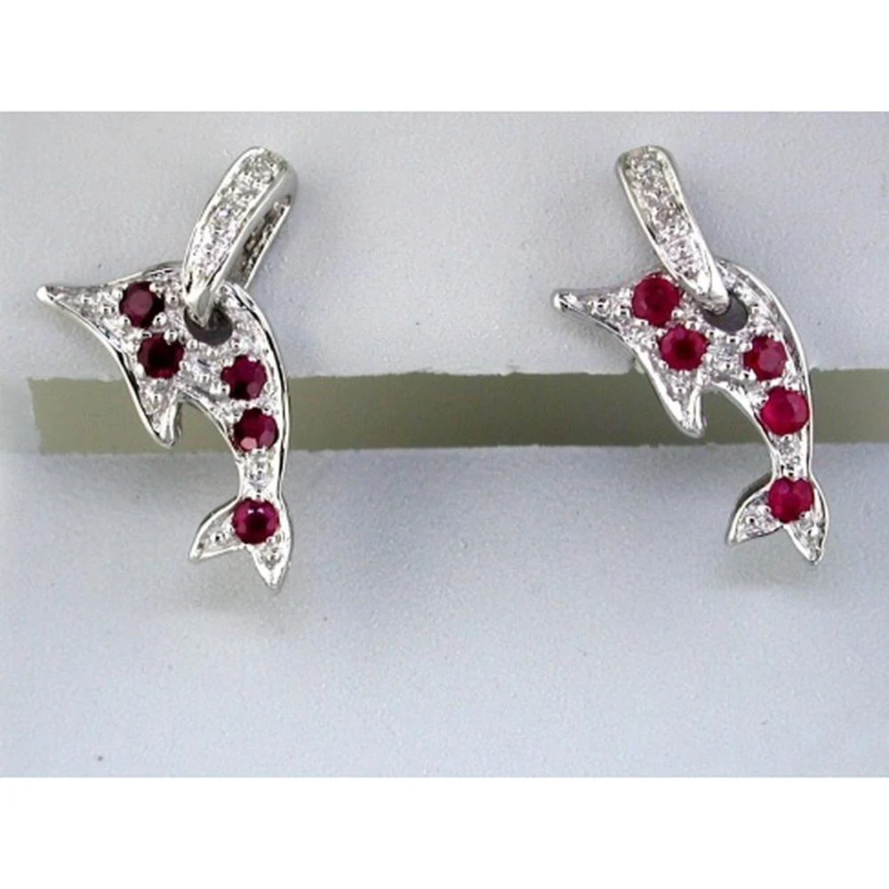 14K White Gold Dolphin Earrings with Round Rubies and Round Diamond Accents - 0.37 Carat Total Ruby Weight, 0.02 Carat Total Diamond Weight - Royal Jewelry