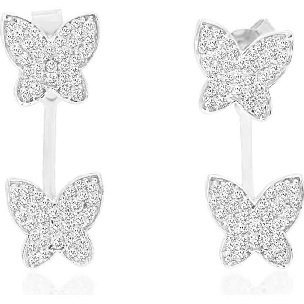 14K White Gold Double Butterfly Drop Earrings with Pavé Set Round Diamonds - 0.50 Carat Total Diamond Weight - Royal Jewelry