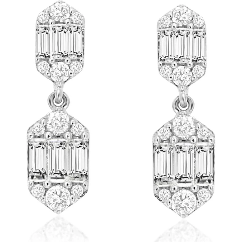 14K White Gold Double-Drop Earrings with Baguette and Round Diamonds - 0.39 Carat Total Diamond Weight - Royal Jewelry