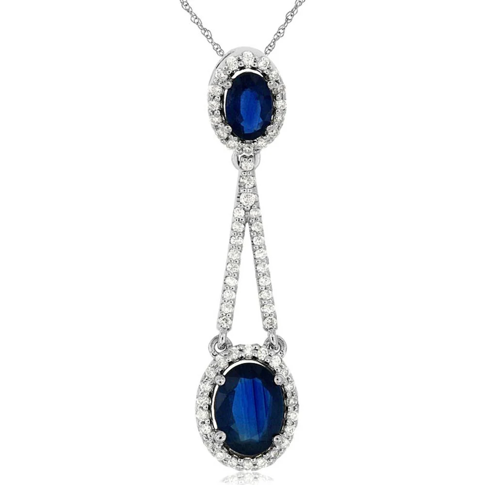 14K White Gold Double Drop Oval Sapphire & Diamond Halo Pendant - 2.52 Carat Total Gemstone Weight - Royal Jewelry