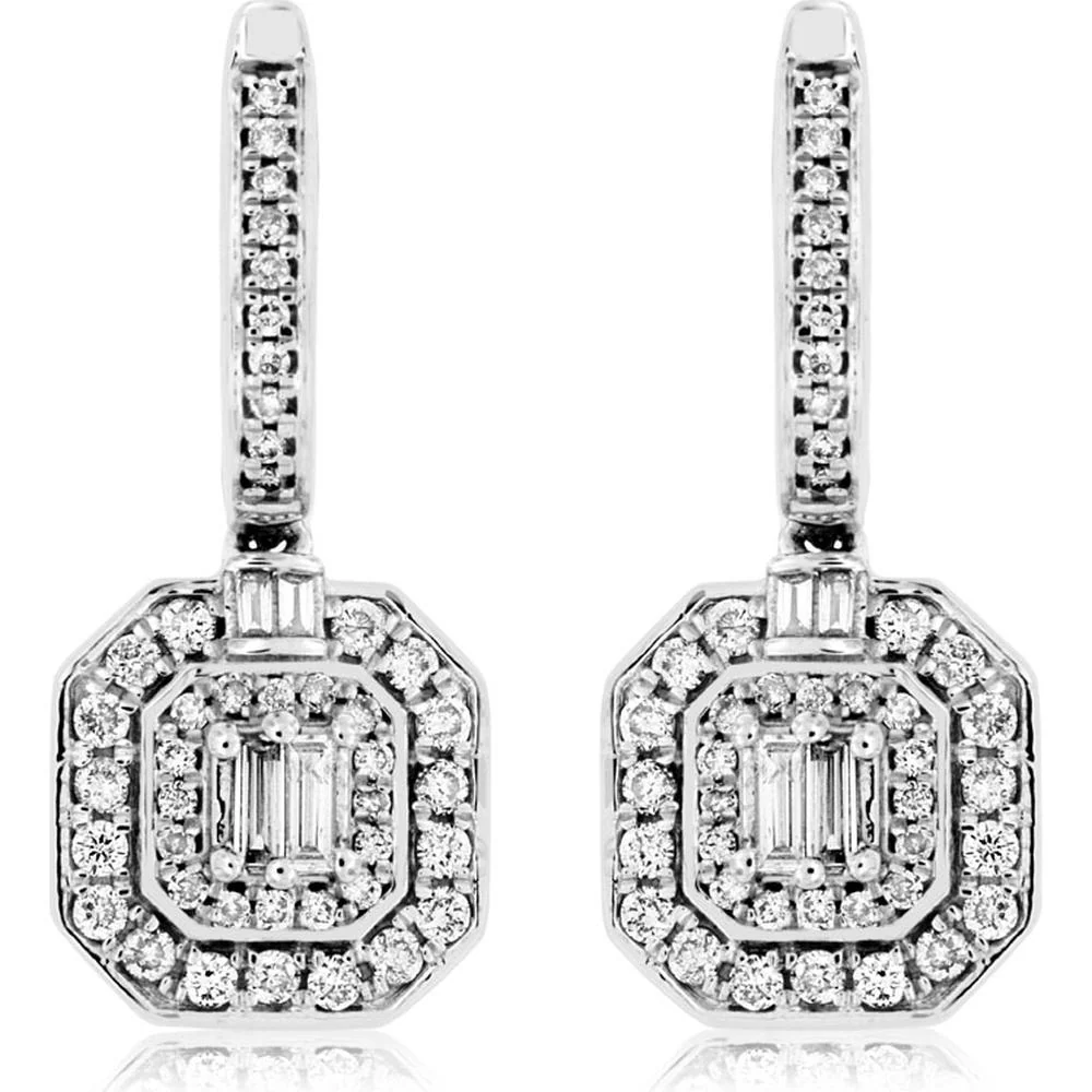 14K White Gold Double Halo Drop Earrings with Channel-Set Baguette and Pave Round Diamonds - 0.55 Carat Total Diamond Weight - Royal Jewelry