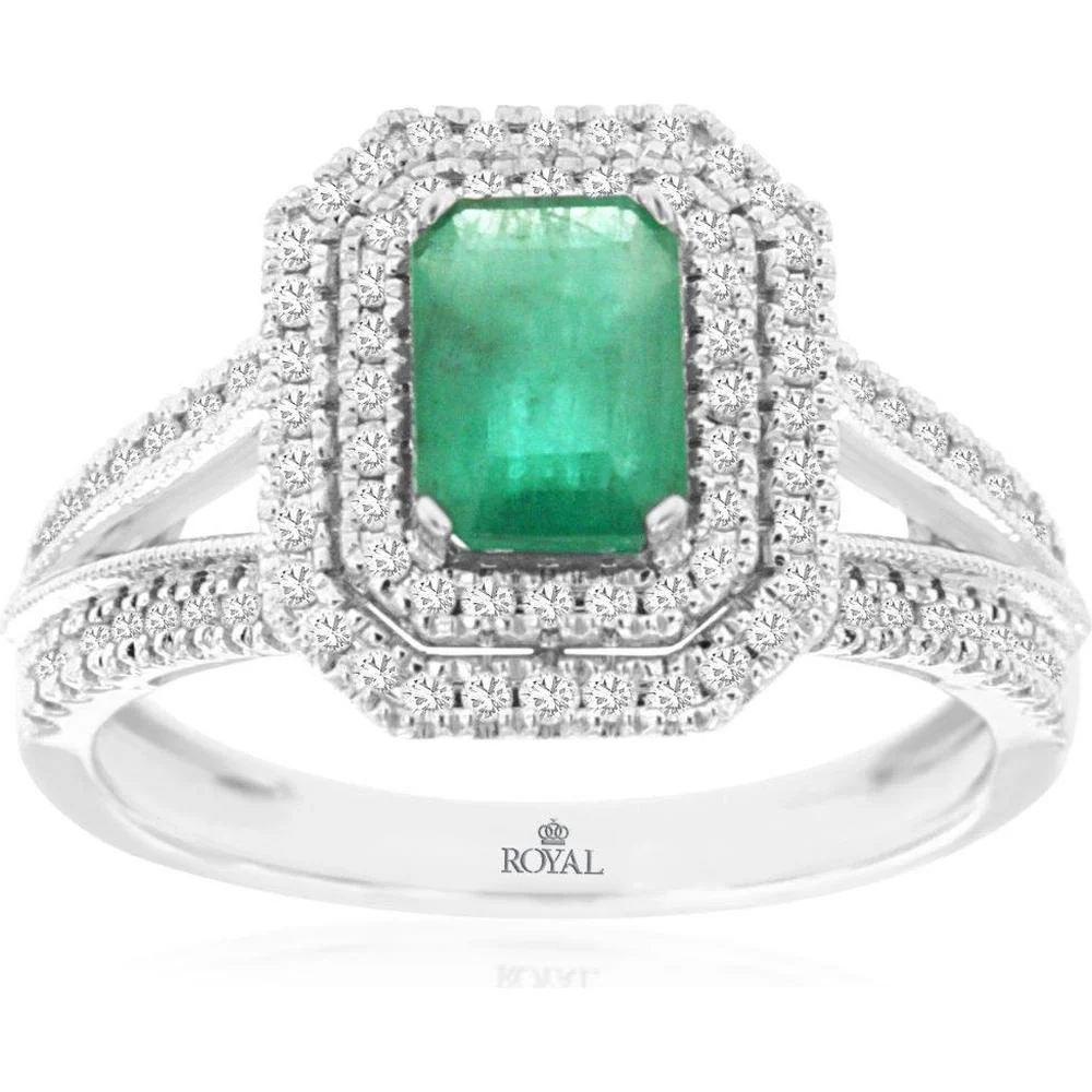 14K White Gold Double Halo Emerald Cut Emerald Ring with Pave Set Round Diamonds - 1.00 Carat Emerald & 0.40 Carat Diamond Total Weight - Royal Jewelry