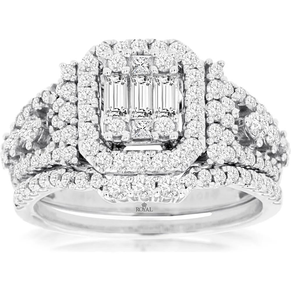 14K White Gold Double Halo Engagement and Wedding Bridal Set with Baguette and Princess Cut Diamond Cluster - 1.25 Carat Total Diamond Weight - Royal Jewelry