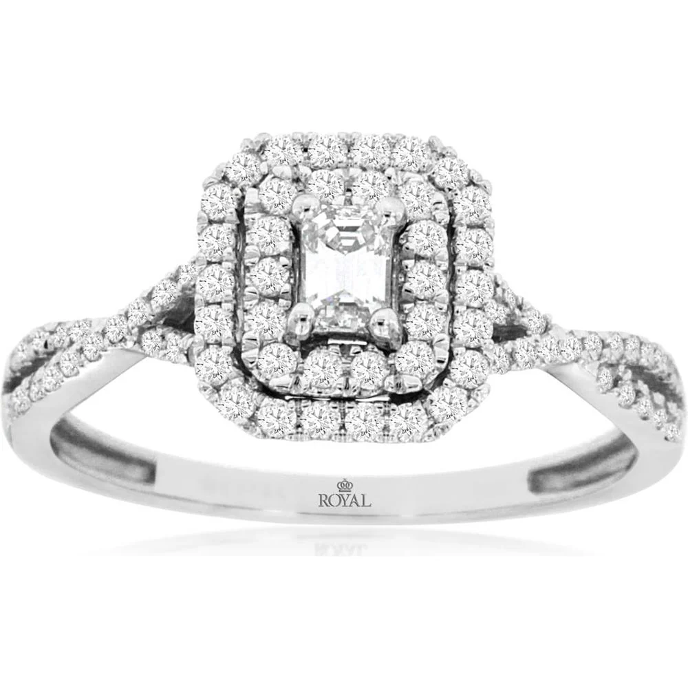 14K White Gold Double Halo Engagement Ring with 0.50 Carat Emerald Cut Center Diamond and Round Diamond Accents on Split Shank with Milgrain Detail - Royal Jewelry