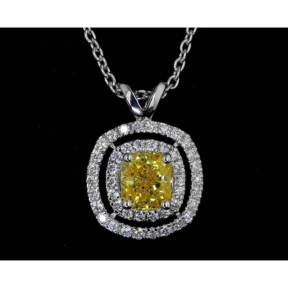 14K White Gold Double Halo Pendant with 0.67 Carat Cushion Cut Fancy Vivid Yellow Lab Diamond and 0.23 Carat White Diamond Accents - IGI Certified, East-West Setting - Covaloro Fine Jewelry - Image 2
