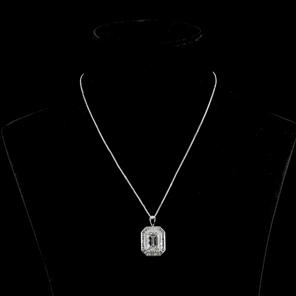 14K White Gold Double Halo Pendant with 5.00 Carat Emerald Cut Lab Diamond, Trapezoid and Round Accents - 6.57 Carat Total Weight - Covaloro Fine Jewelry
