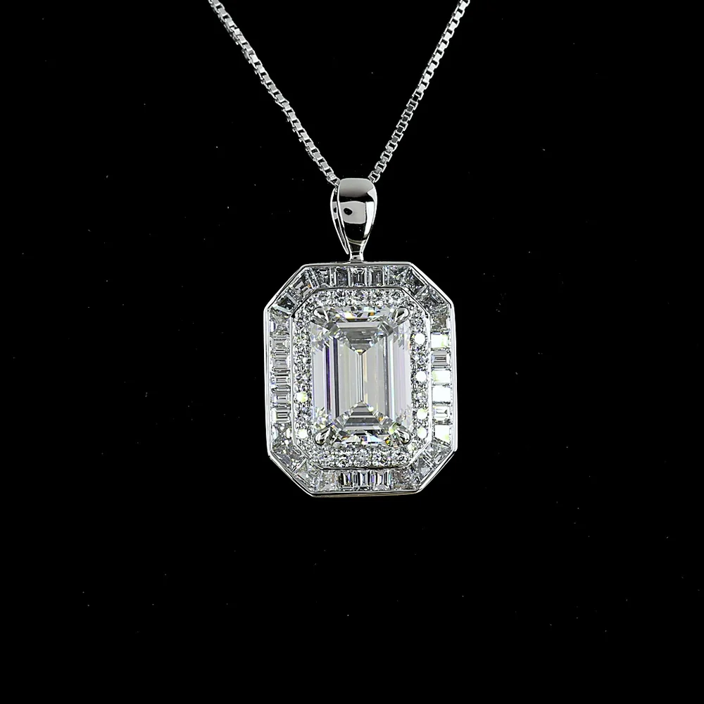 14K White Gold Double Halo Pendant with 5.00 Carat Emerald Cut Lab Diamond, Trapezoid and Round Accents - 6.57 Carat Total Weight - Covaloro Fine Jewelry - Image 2