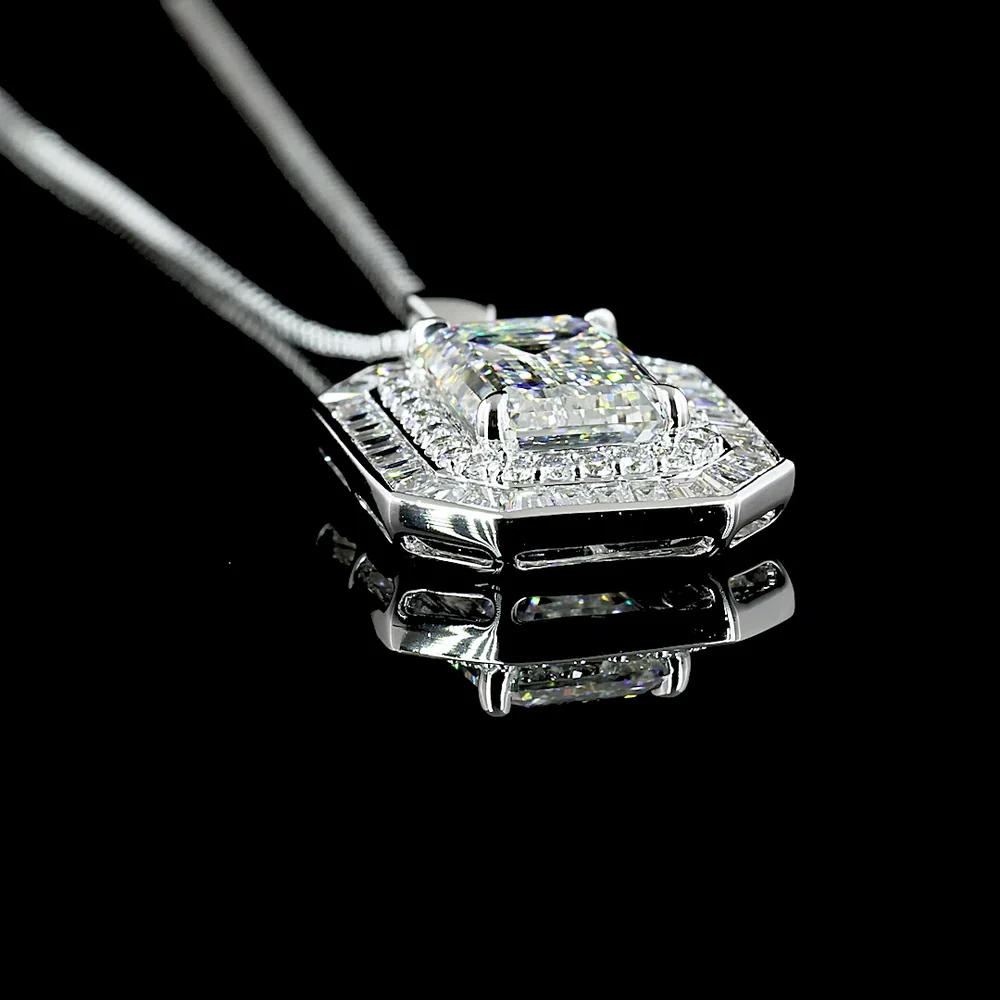 14K White Gold Double Halo Pendant with 5.00 Carat Emerald Cut Lab Diamond, Trapezoid and Round Accents - 6.57 Carat Total Weight - Covaloro Fine Jewelry - Image 3