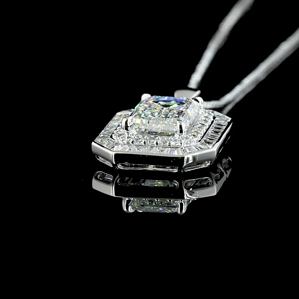 14K White Gold Double Halo Pendant with 5.00 Carat Emerald Cut Lab Diamond, Trapezoid and Round Accents - 6.57 Carat Total Weight - Covaloro Fine Jewelry - Image 4
