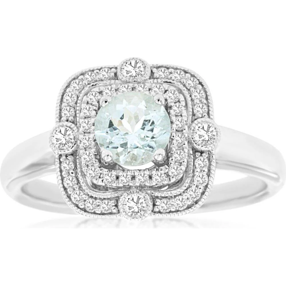 14K White Gold Double Halo Ring with 0.44 Carat Round Aquamarine and 0.25 Carat Round Diamonds - Vintage Milgrain Detail - Royal Jewelry