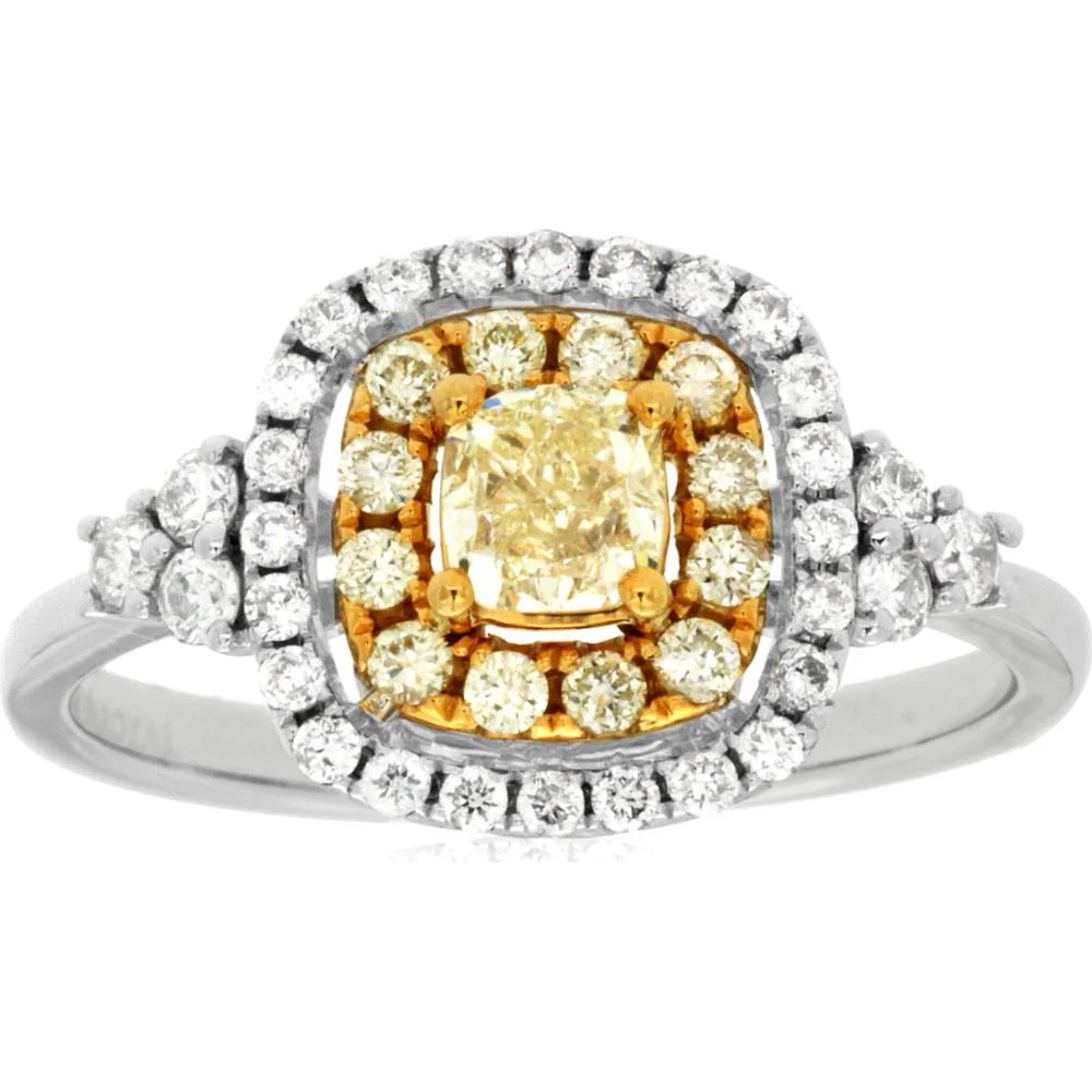 14K White Gold Double Halo Ring with 0.49 Carat Cushion Cut Yellow Diamond, 0.22 Carat Yellow Diamond Halo, and 0.34 Carat White Diamond Outer Halo - Royal Jewelry