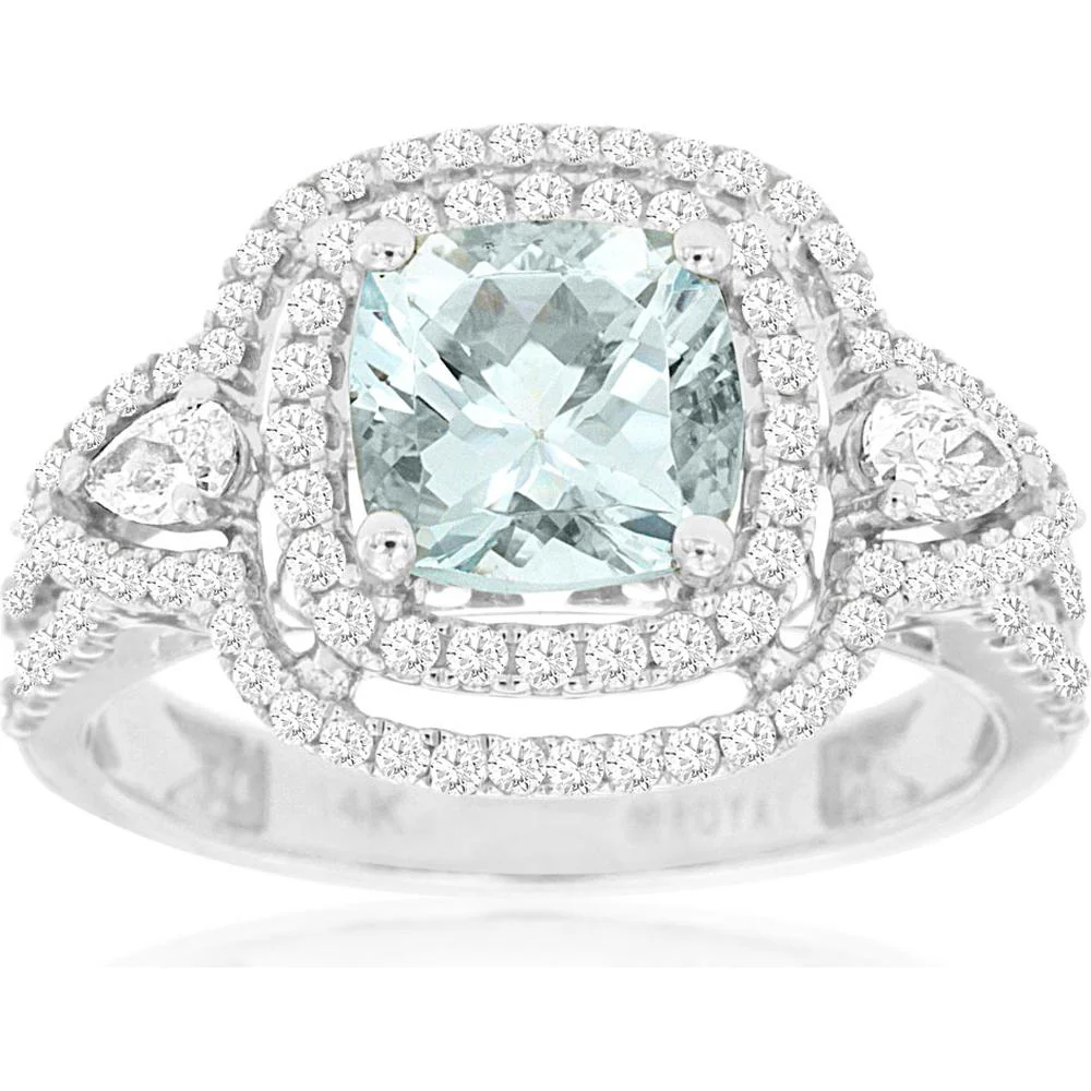 14K White Gold Double Halo Ring with 1.25 Carat Cushion Cut Aquamarine and 0.77 Carat Total Diamond Weight with Pear Shaped Accents - Royal Jewelry
