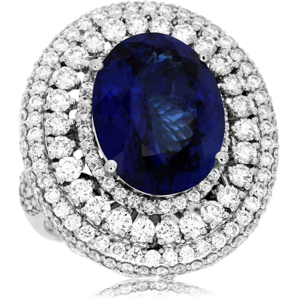 14K White Gold Double Halo Ring with 8.60 Carat Oval Tanzanite and 3.10 Carat Round Brilliant Diamonds - Royal Jewelry