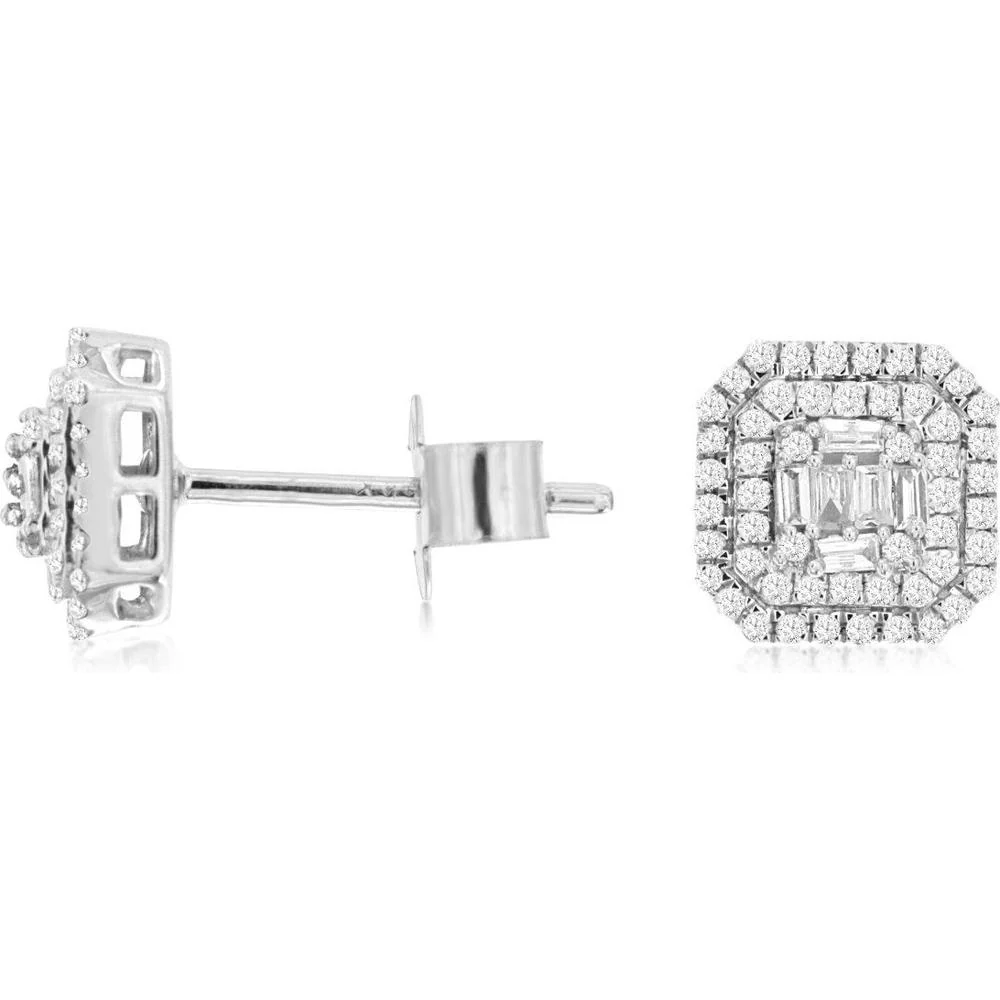 14K White Gold Double Halo Stud Earrings with Baguette and Round Diamonds - 0.40 Carat Total Diamond Weight - Royal Jewelry