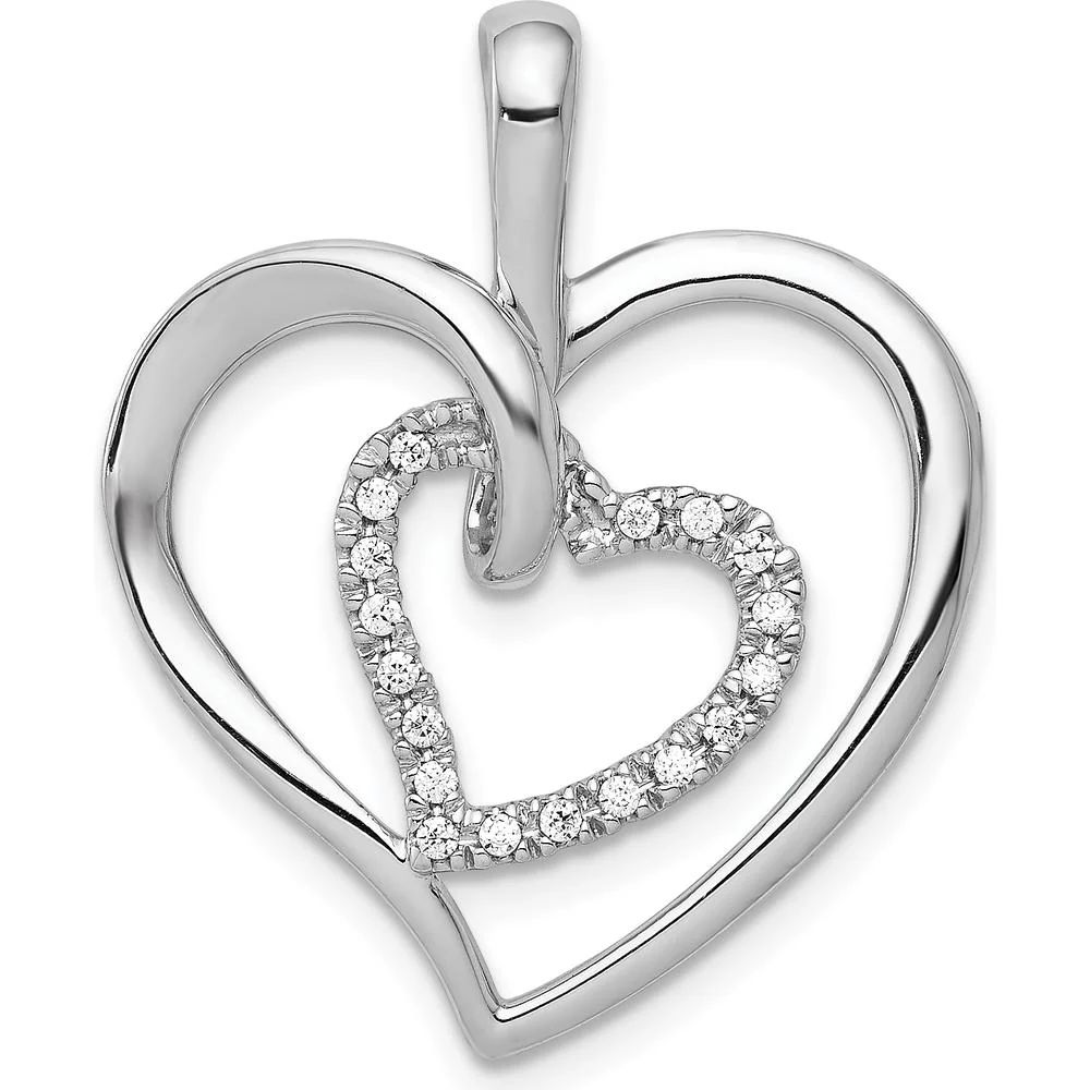 14K White Gold Double Heart Pendant with 18 Round Diamonds - 0.09 Carat Total Diamond Weight by Monteluci Fine Jewelry