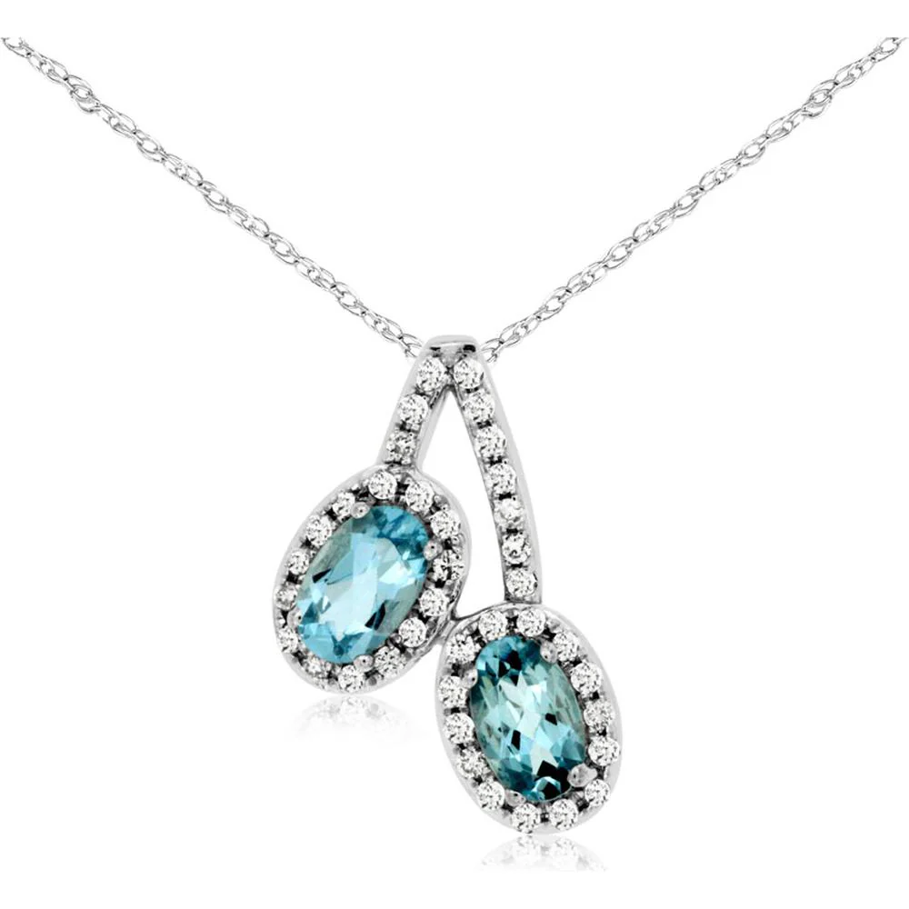 14K White Gold Double Oval Aquamarine Pendant with Diamond Halo Accents - 0.55 Total Carat Weight - Royal Jewelry