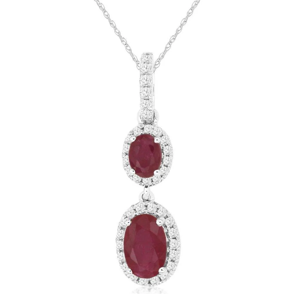 14K White Gold Double Oval Ruby Pendant with Diamond Halo Accents - 0.78 Carat Ruby and 0.14 Carat Total Diamond Weight - Royal Jewelry