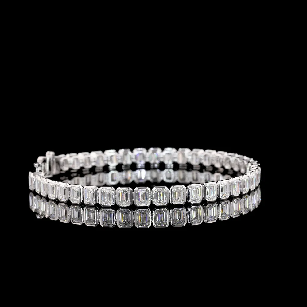 14K White Gold Double Row Tennis Bracelet with Bezel Set Emerald Cut Lab Diamonds - 10.93 Carats (Main Row), 21.86 Carats Total Diamond Weight - Covaloro Fine Jewelry