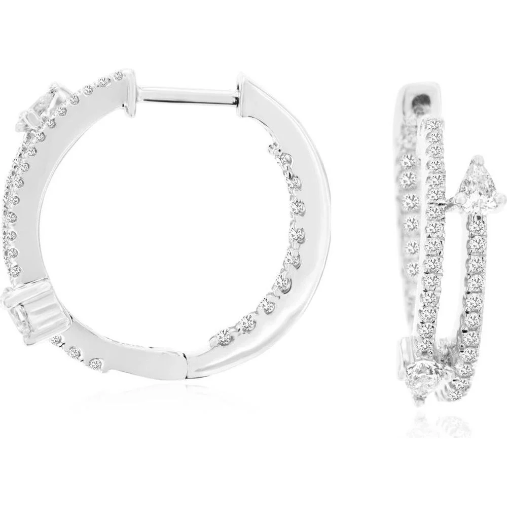 14K White Gold Double-Sided Diamond Hoop Earrings with Pavé Set Round Cut Diamonds - 0.62 Carat Total Diamond Weight - Royal Jewelry