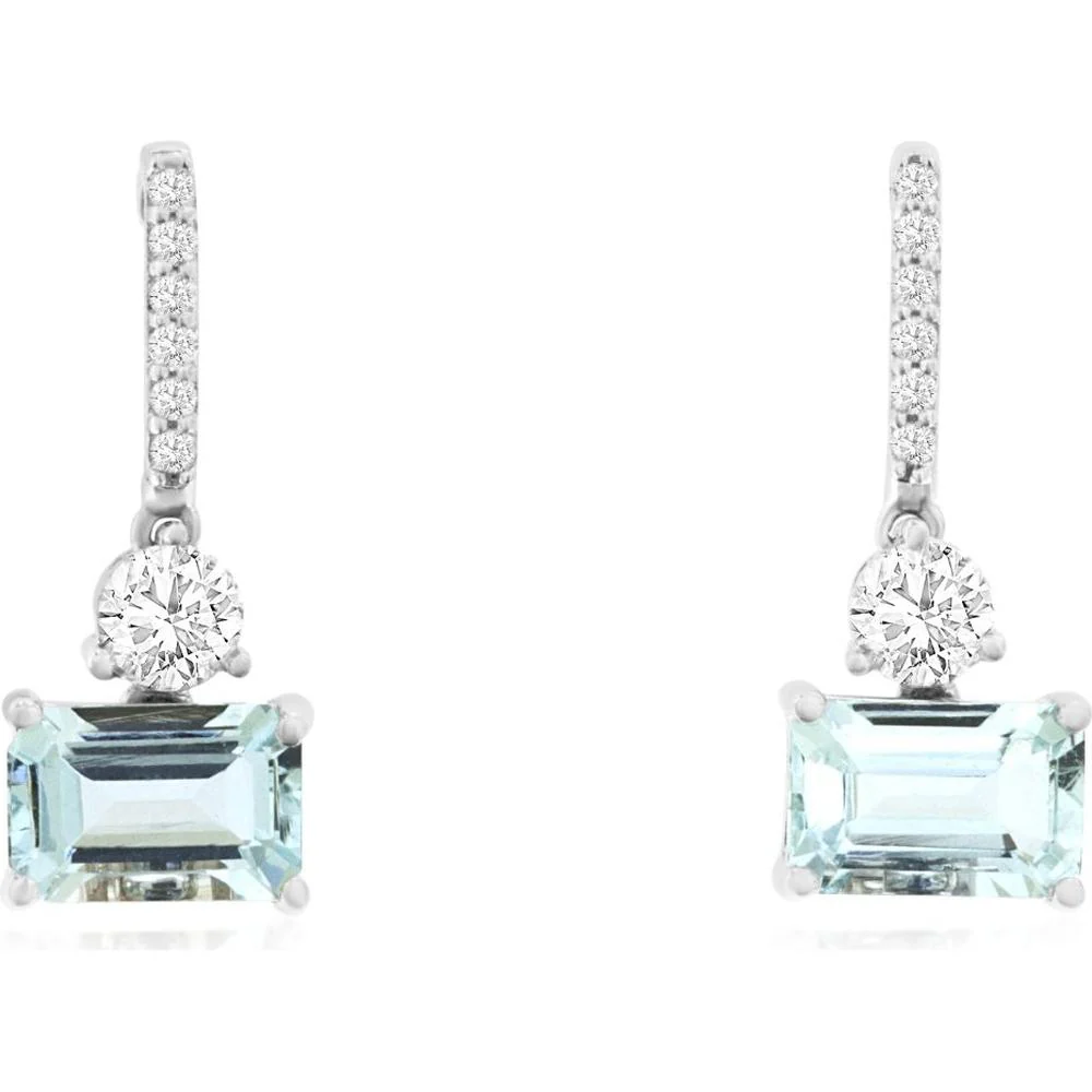 14K White Gold Drop Earrings with 0.90 Carat Total Aquamarine and 0.25 Carat Total Round Diamonds in Hinged Setting - Royal Jewelry
