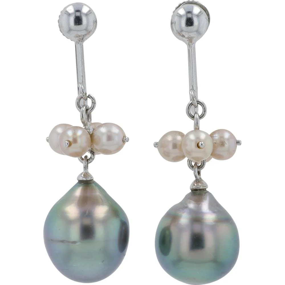 14K White Gold Drop Earrings with 8.4mm Tahitian Pearls and 3.2mm White Pearl Accents