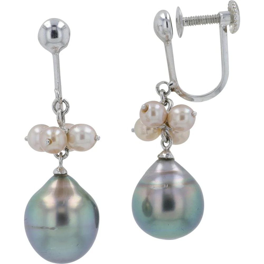 14K White Gold Drop Earrings with 8.4mm Tahitian Pearls and 3.2mm White Pearl Accents - Image 2