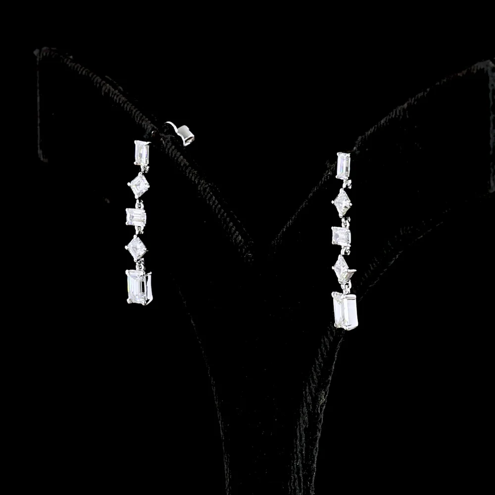 14K White Gold Drop Earrings with Alternating Emerald and Asscher Cut Lab Diamonds - 1.79 Carat Total Weight E-F VS - Covaloro Fine Jewelry