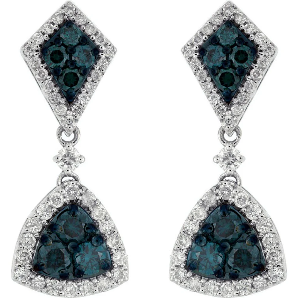 14K White Gold Drop Earrings with Blue and White Diamonds - 1.26 Carats Total Diamond Weight - Royal Jewelry