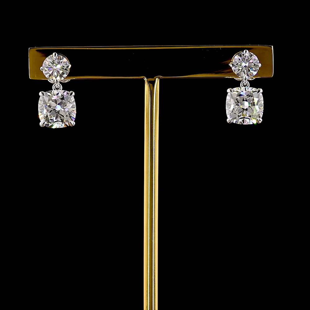 14K White Gold Drop Earrings with Brilliant Round and Square Cushion Lab Diamonds - 5.32 Carats Total Diamond Weight - Covaloro Fine Jewelry