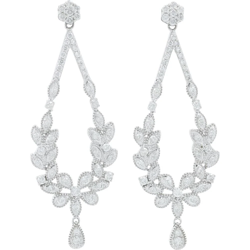 14K White Gold Drop Earrings with Brilliant Round Diamonds - 1.00 Carat Total Diamond Weight