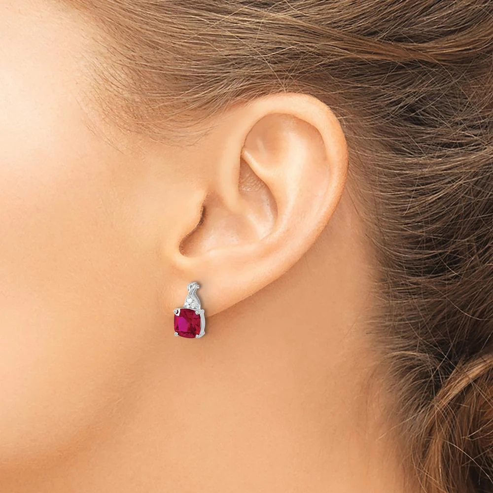 14K White Gold Drop Earrings with Checkerboard Created Ruby and Diamond Accents - 1.0 Carat Total Ruby Weight, 0.01 Carat Diamond Weight by Oro Pregiato - Image 3