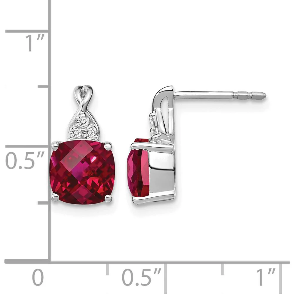 14K White Gold Drop Earrings with Checkerboard Created Ruby and Diamond Accents - 1.0 Carat Total Ruby Weight, 0.01 Carat Diamond Weight by Oro Pregiato - Image 4