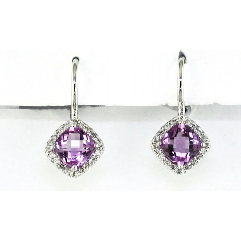 14K White Gold Drop Earrings with Cushion Cut Amethysts and Round Diamond Halo - 2.00 Carat Total Amethyst Weight and 0.22 Carat Total Diamond Weight - Royal Jewelry