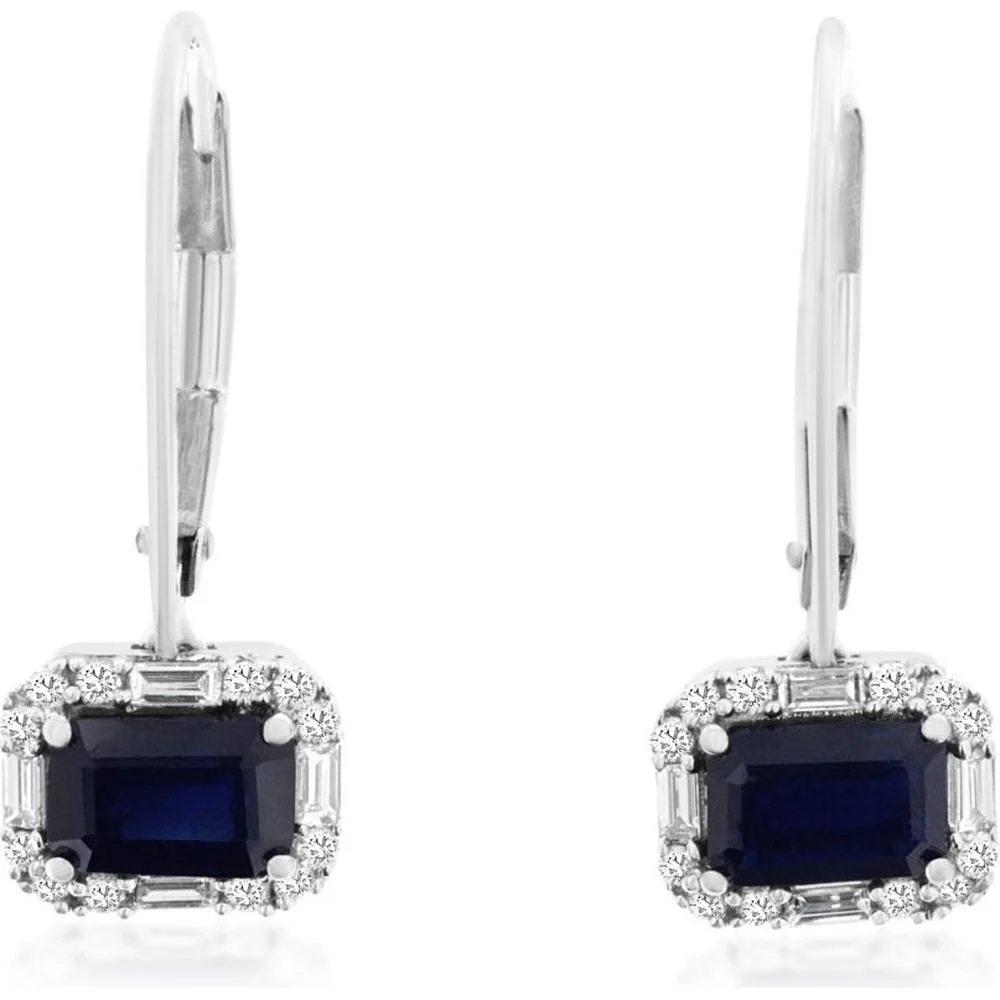 14K White Gold Drop Earrings with Emerald Cut Sapphires and Diamond Halo - 1.30 Carat Total Sapphire Weight, 0.25 Carat Total Diamond Weight - Royal Jewelry