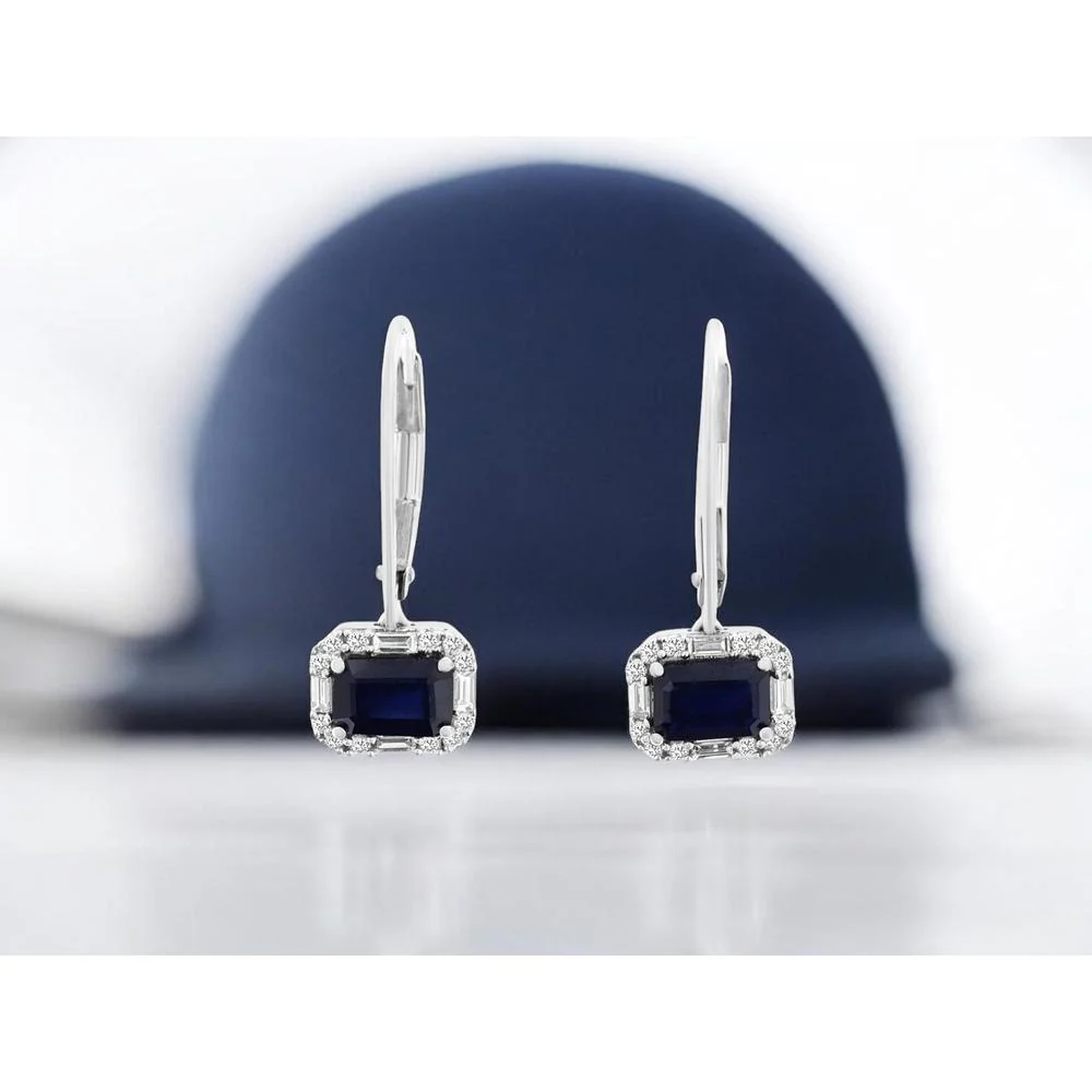 14K White Gold Drop Earrings with Emerald Cut Sapphires and Diamond Halo - 1.30 Carat Total Sapphire Weight, 0.25 Carat Total Diamond Weight - Royal Jewelry - Image 2