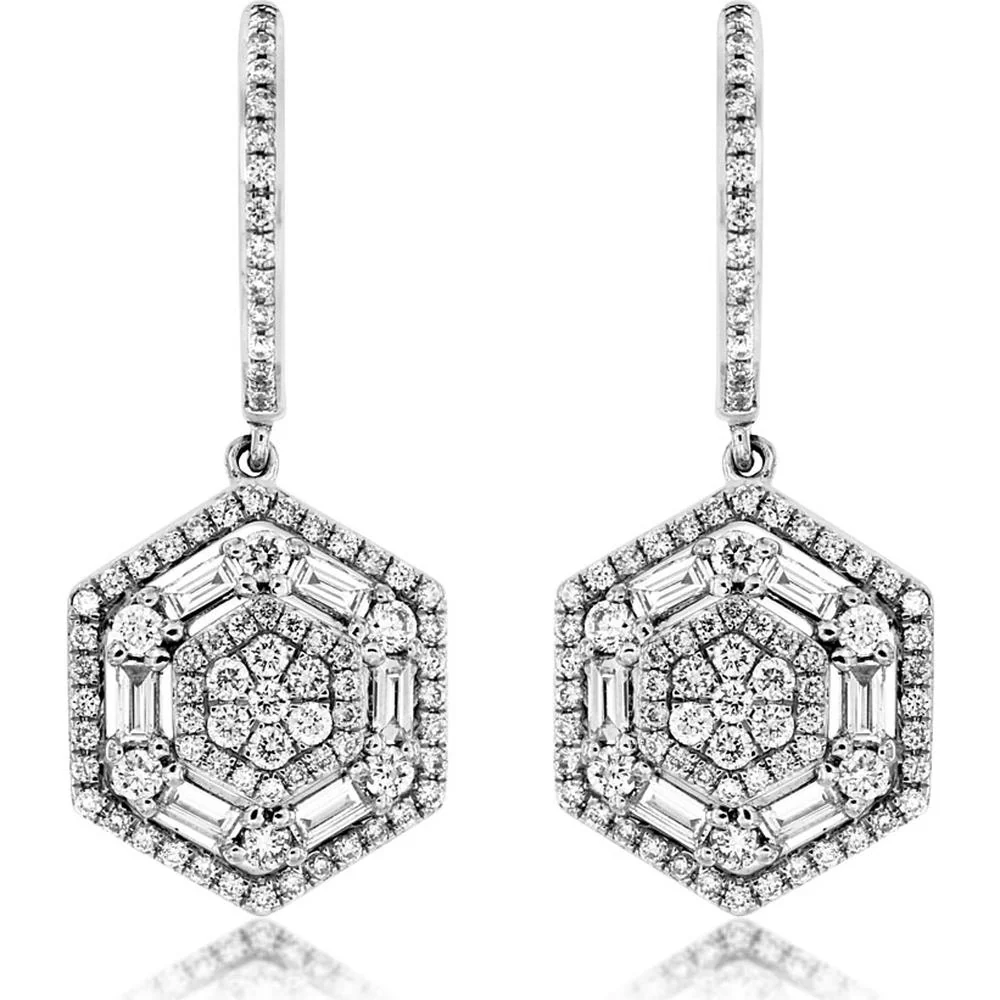 14K White Gold Drop Earrings with Hexagonal Halo of Round and Baguette Diamonds - 1.02 Carat Total Diamond Weight - Royal Jewelry