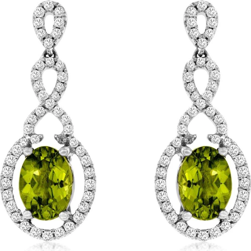 14K White Gold Drop Earrings with Oval Peridots and Diamond Halo Accents - 1.68 Carat Total Peridot Weight and 0.42 Carat Total Diamond Weight - Royal Jewelry