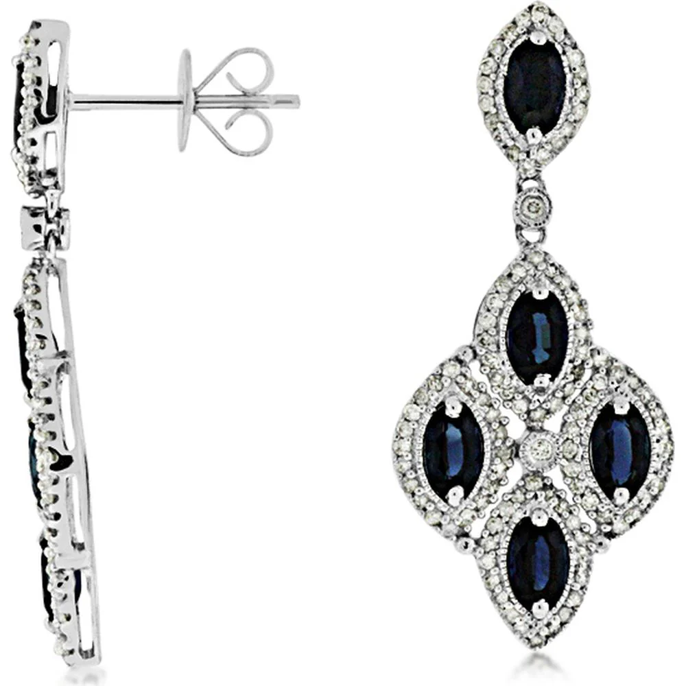 14K White Gold Drop Earrings with Oval Sapphires and Round Diamond Halos - 3.10 Carat Total Sapphire Weight, 0.70 Carat Total Diamond Weight - Royal Jewelry
