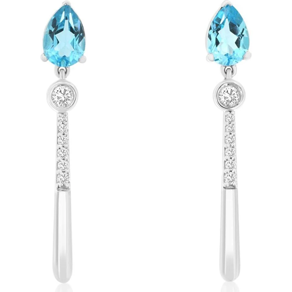 14K White Gold Drop Earrings with Pear Shape Blue Topaz and Diamond Accents - 1.00 Carat Total Blue Topaz Weight and 0.14 Carat Total Diamond Weight - Royal Jewelry