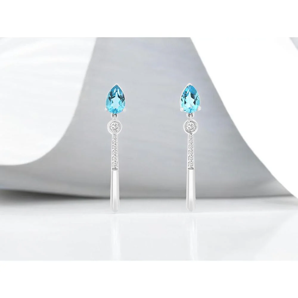 14K White Gold Drop Earrings with Pear Shape Blue Topaz and Diamond Accents - 1.00 Carat Total Blue Topaz Weight and 0.14 Carat Total Diamond Weight - Royal Jewelry - Image 2