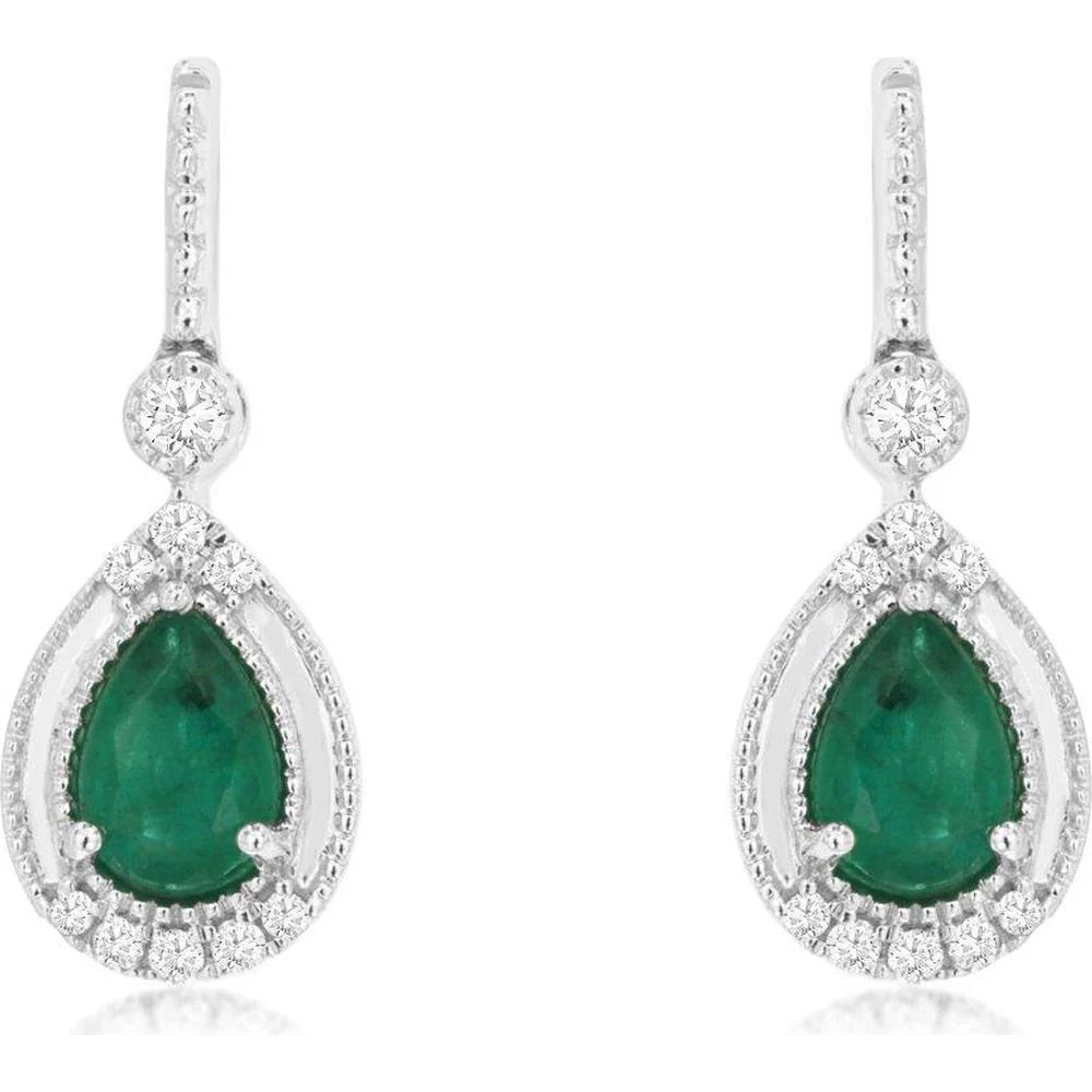 14K White Gold Drop Earrings with Pear-Shaped Emeralds and Diamond Halo - 1.50 Carats Total Emerald Weight, 0.12 Carats Total Diamond Weight - Royal Jewelry