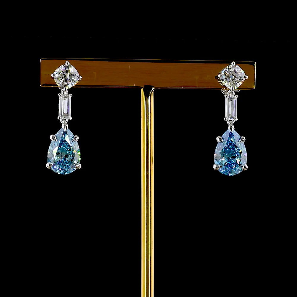 14K White Gold Drop Earrings with Pear-Shaped Fancy Vivid Blue Lab Diamonds and Baguette Accents - 6.56 Carat Total Gem Weight - Covaloro Fine Jewelry