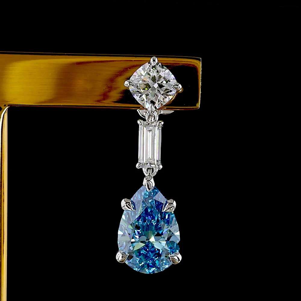 14K White Gold Drop Earrings with Pear-Shaped Fancy Vivid Blue Lab Diamonds and Baguette Accents - 6.56 Carat Total Gem Weight - Covaloro Fine Jewelry - Image 2
