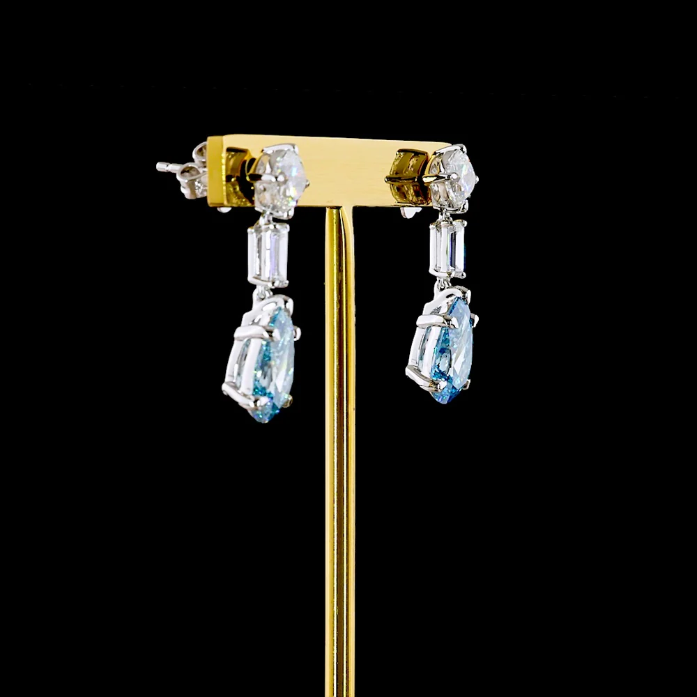 14K White Gold Drop Earrings with Pear-Shaped Fancy Vivid Blue Lab Diamonds and Baguette Accents - 6.56 Carat Total Gem Weight - Covaloro Fine Jewelry - Image 3