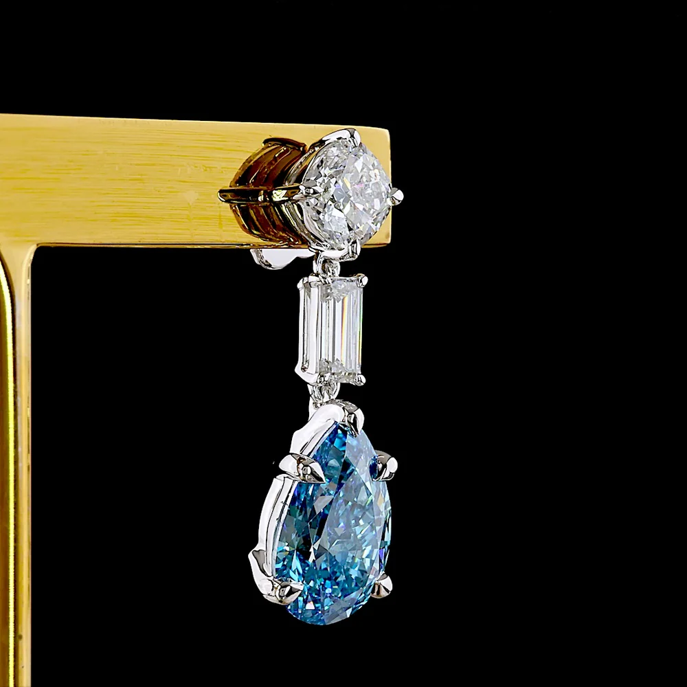 14K White Gold Drop Earrings with Pear-Shaped Fancy Vivid Blue Lab Diamonds and Baguette Accents - 6.56 Carat Total Gem Weight - Covaloro Fine Jewelry - Image 4
