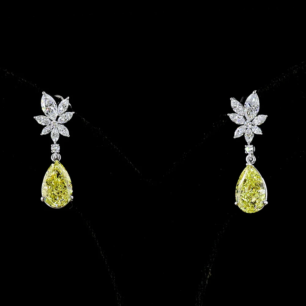 14K White Gold Drop Earrings with Pear-Shaped Fancy Vivid Yellow Lab Diamonds and Floral Marquise White Diamonds - 5.53 Carat Total Weight - Covaloro Fine Jewelry