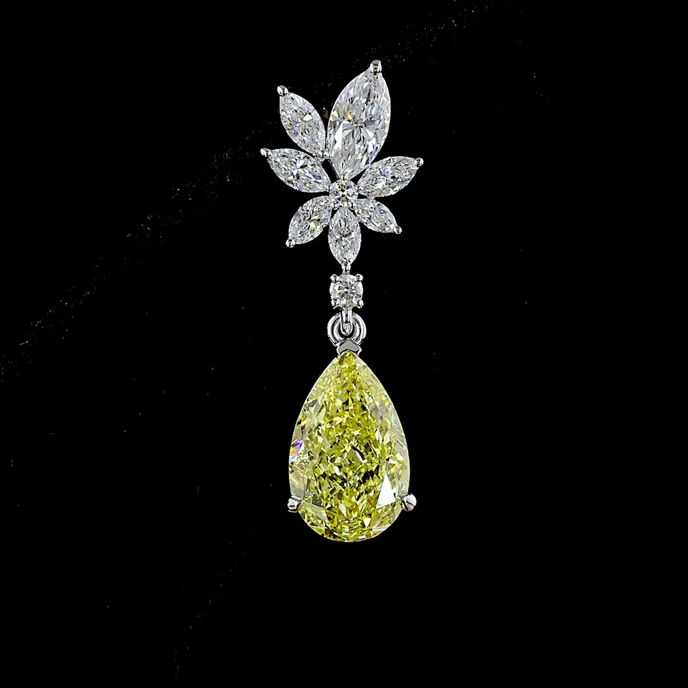 14K White Gold Drop Earrings with Pear-Shaped Fancy Vivid Yellow Lab Diamonds and Floral Marquise White Diamonds - 5.53 Carat Total Weight - Covaloro Fine Jewelry - Image 2