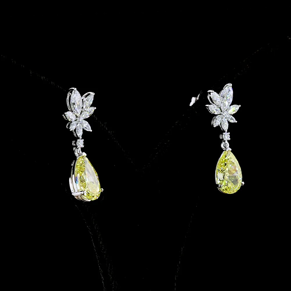 14K White Gold Drop Earrings with Pear-Shaped Fancy Vivid Yellow Lab Diamonds and Floral Marquise White Diamonds - 5.53 Carat Total Weight - Covaloro Fine Jewelry - Image 3