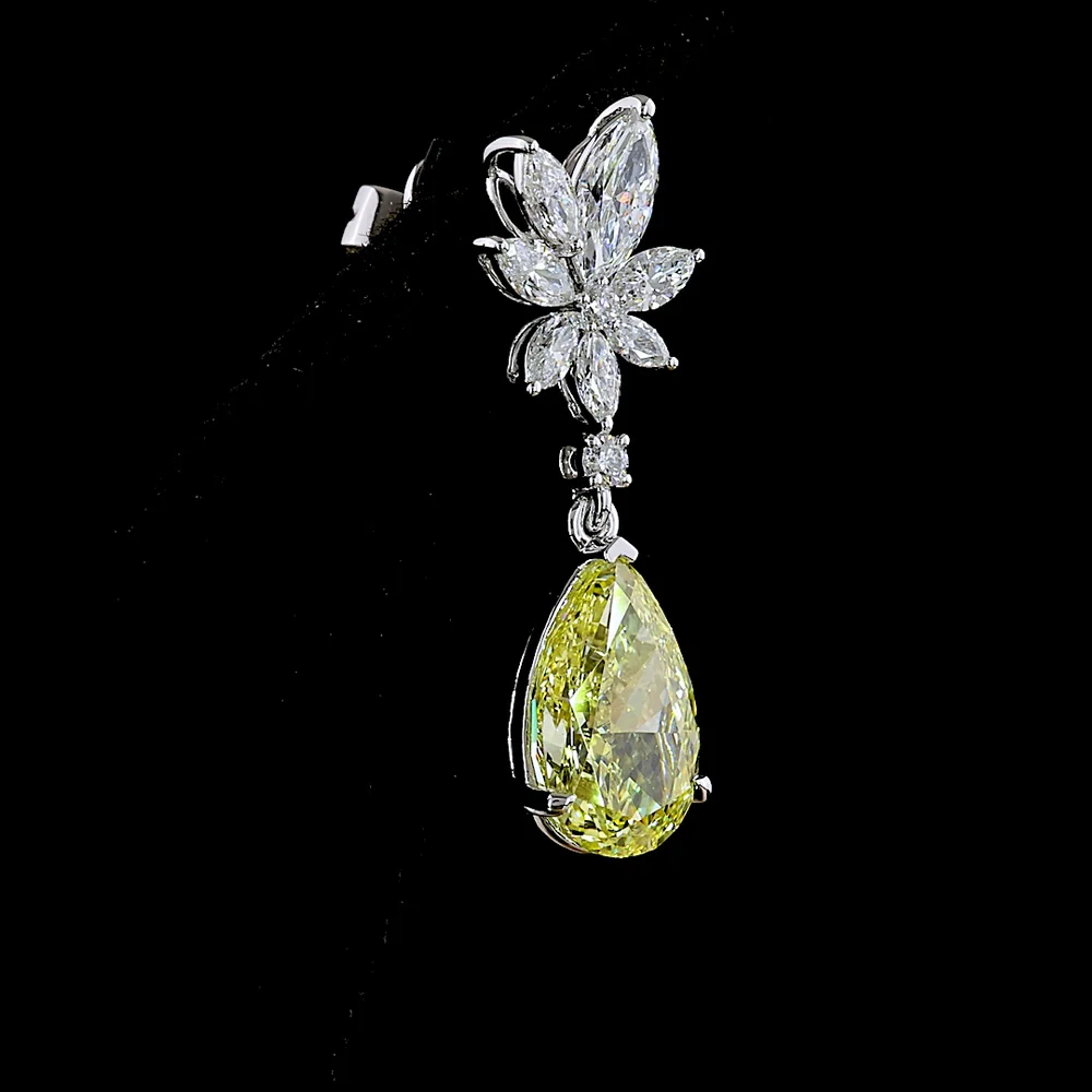 14K White Gold Drop Earrings with Pear-Shaped Fancy Vivid Yellow Lab Diamonds and Floral Marquise White Diamonds - 5.53 Carat Total Weight - Covaloro Fine Jewelry - Image 4